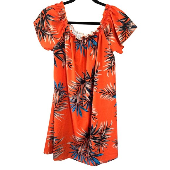 Tropical Orange Palm Leaf Short Sleeve Dress - Shein L 8/10 - Polyester Blend - Picture 1 of 5